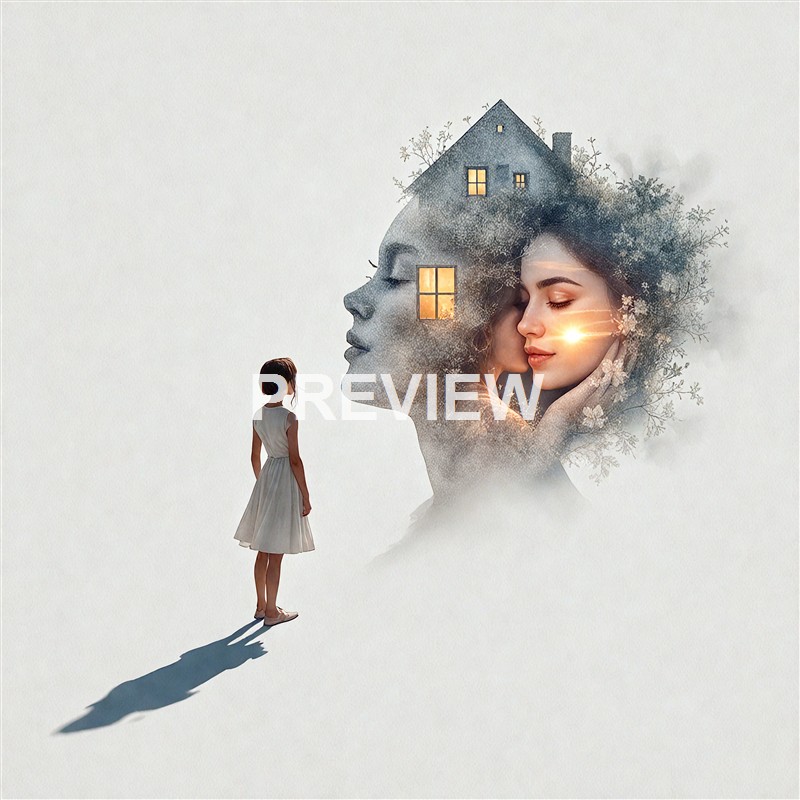 A young girl in a white dress stands on a plain surface, gazing at a surreal double exposure image of a woman's face with a house and trees forming part of her profile, creating a dreamlike atmosphere.